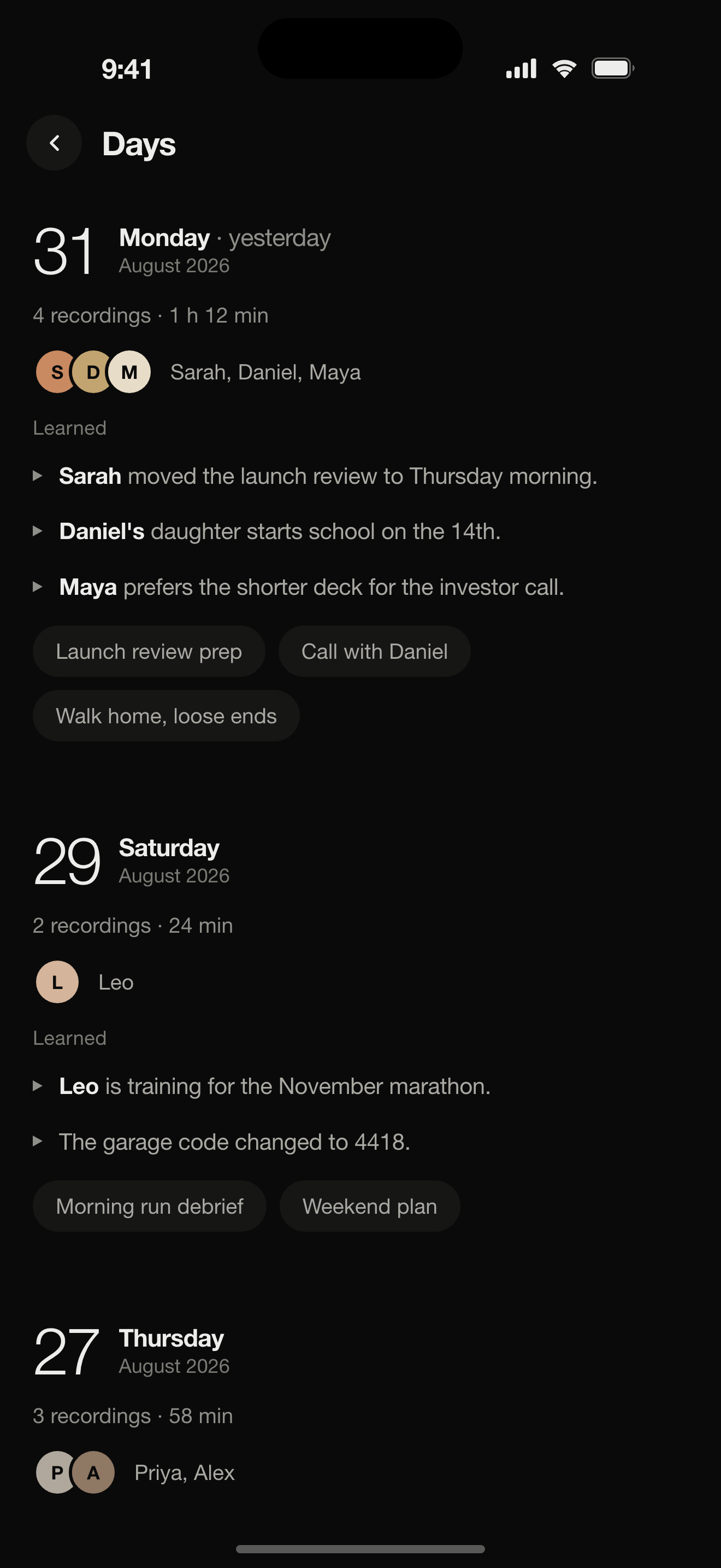 The Days journal: people, learned facts, and recordings day by day