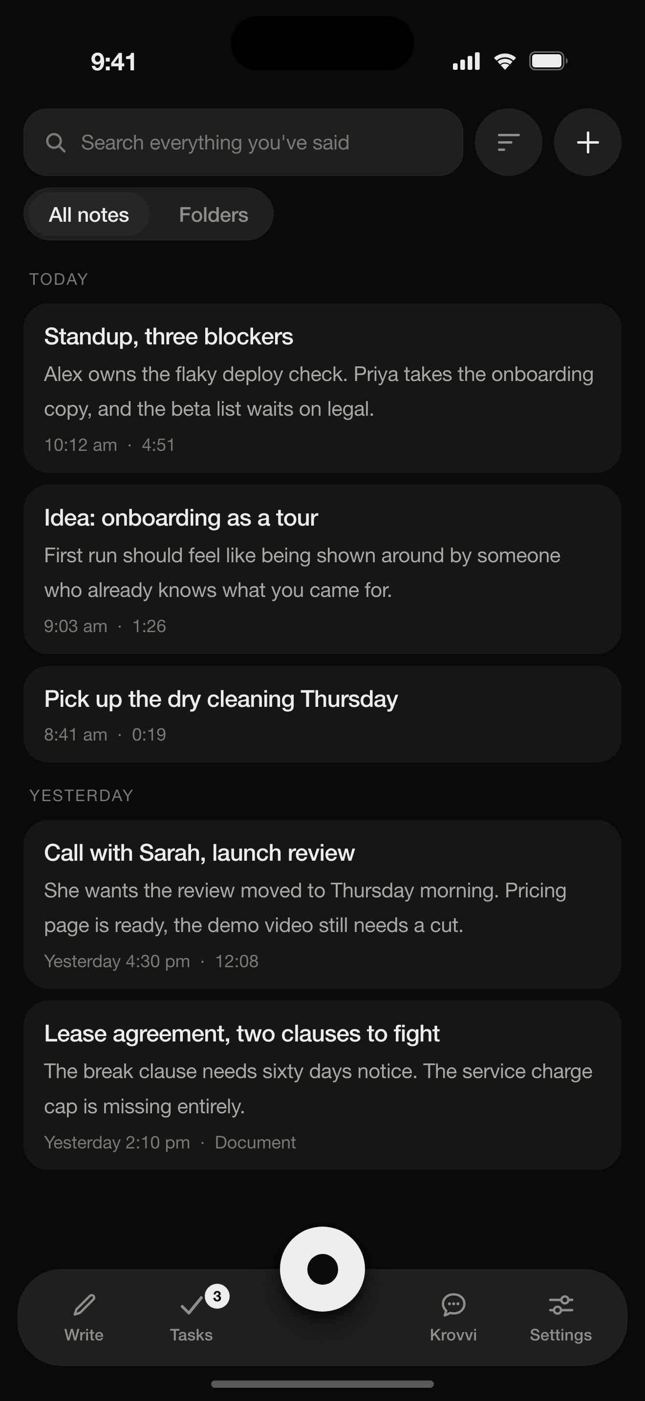 The Krovvi library: voice notes, documents, and meetings, each already written down