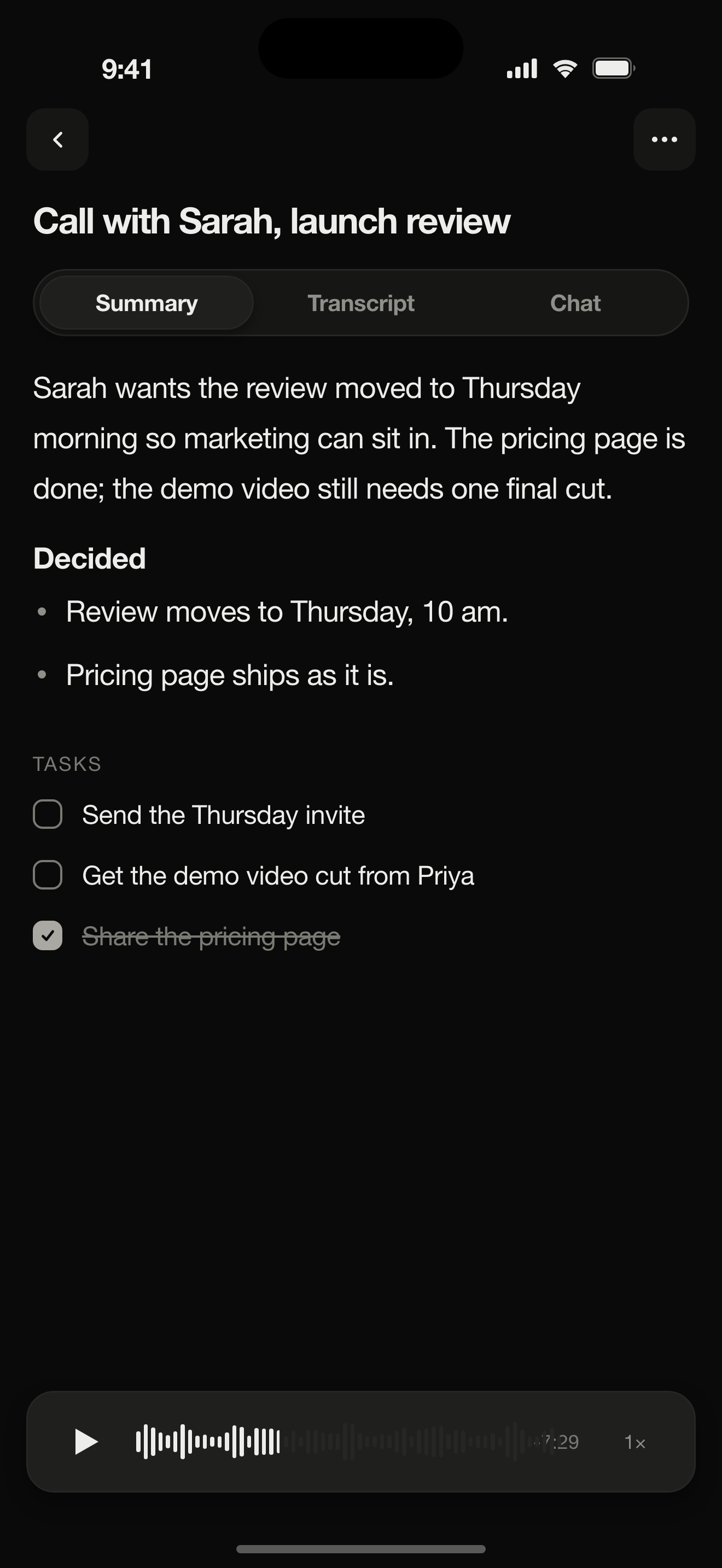 A finished note with summary, decisions, and tasks
